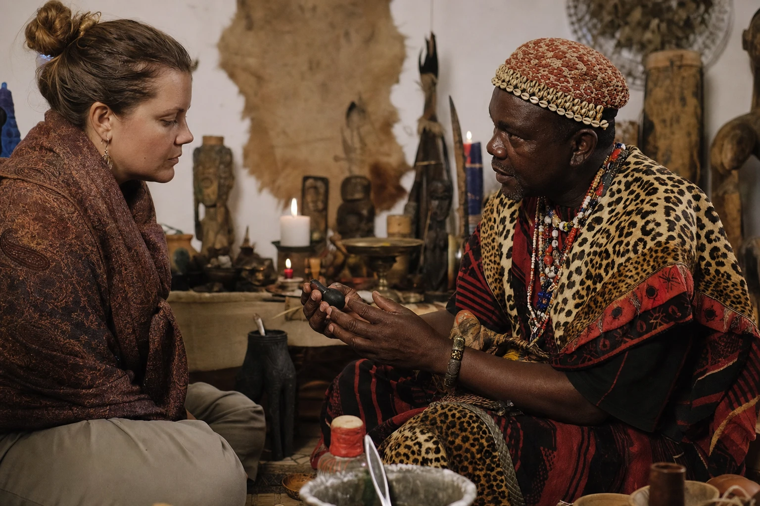 A woman listens to a traditionally dressed man holding small objects in a room filled with cultural artifacts and candles