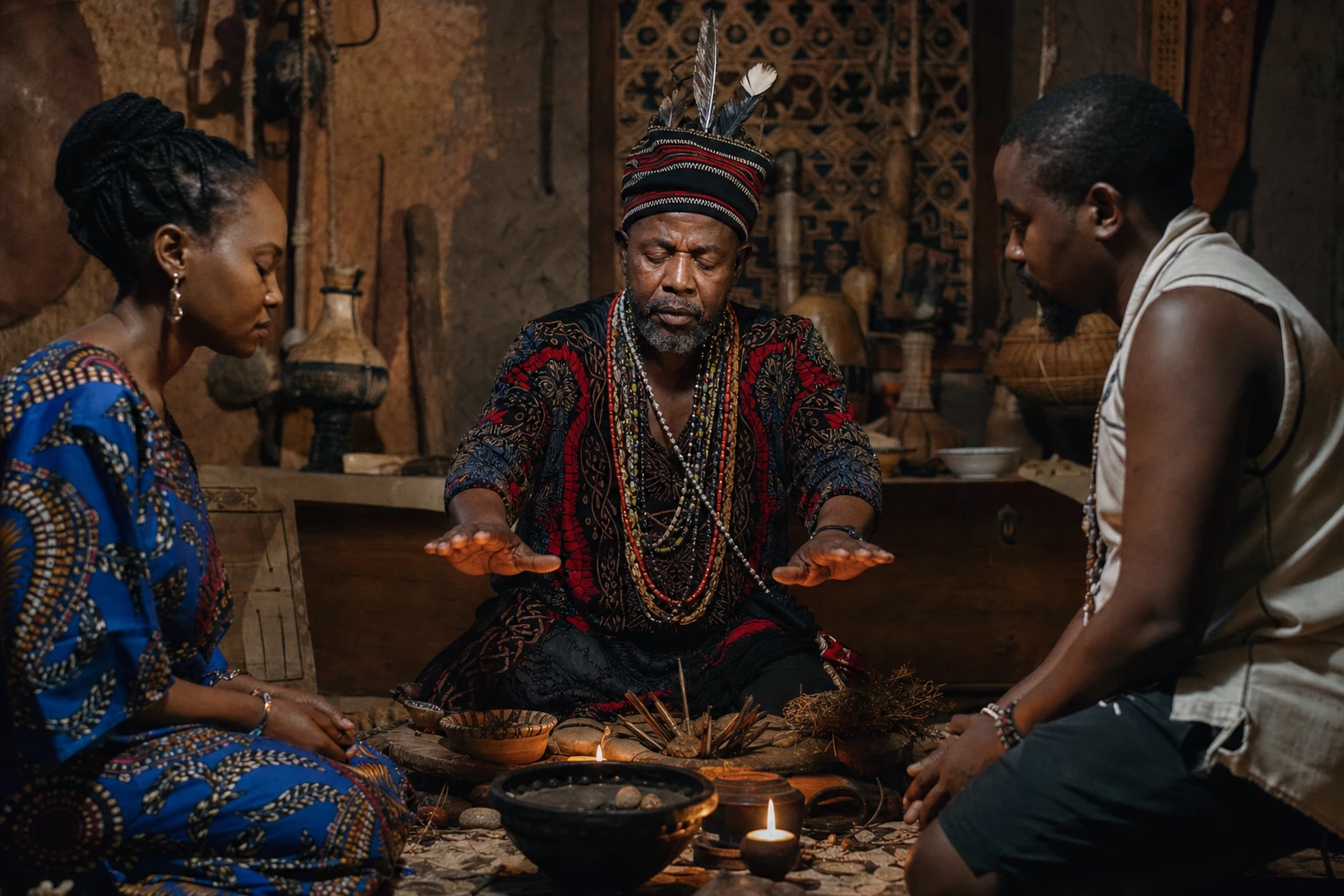 Three people gather around a table with candles and ritual objects as a traditionally dressed man extends his hands