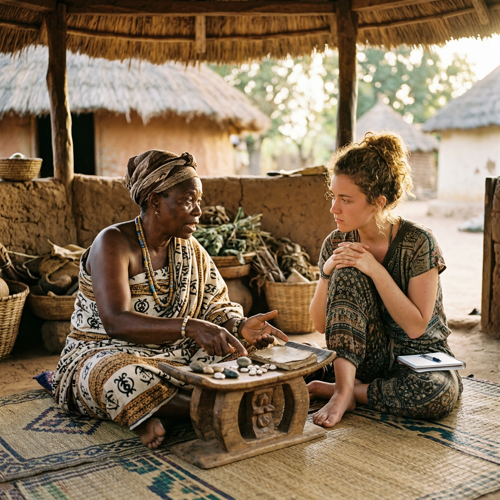 Two women converse beside a board with stones in a rural village shelter